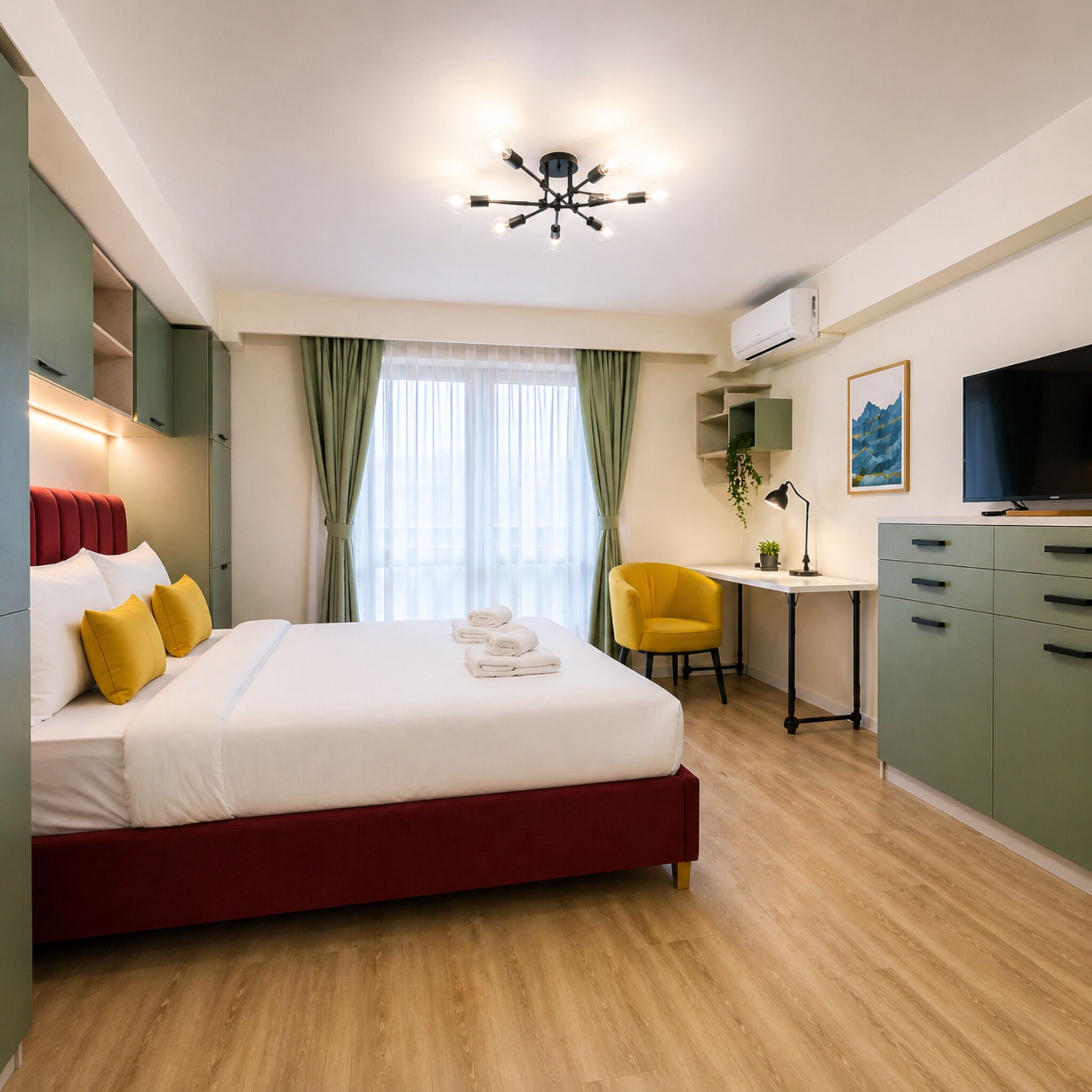 A hotel room with a bed, a desk, a chair, a TV, and an air conditioning unit.