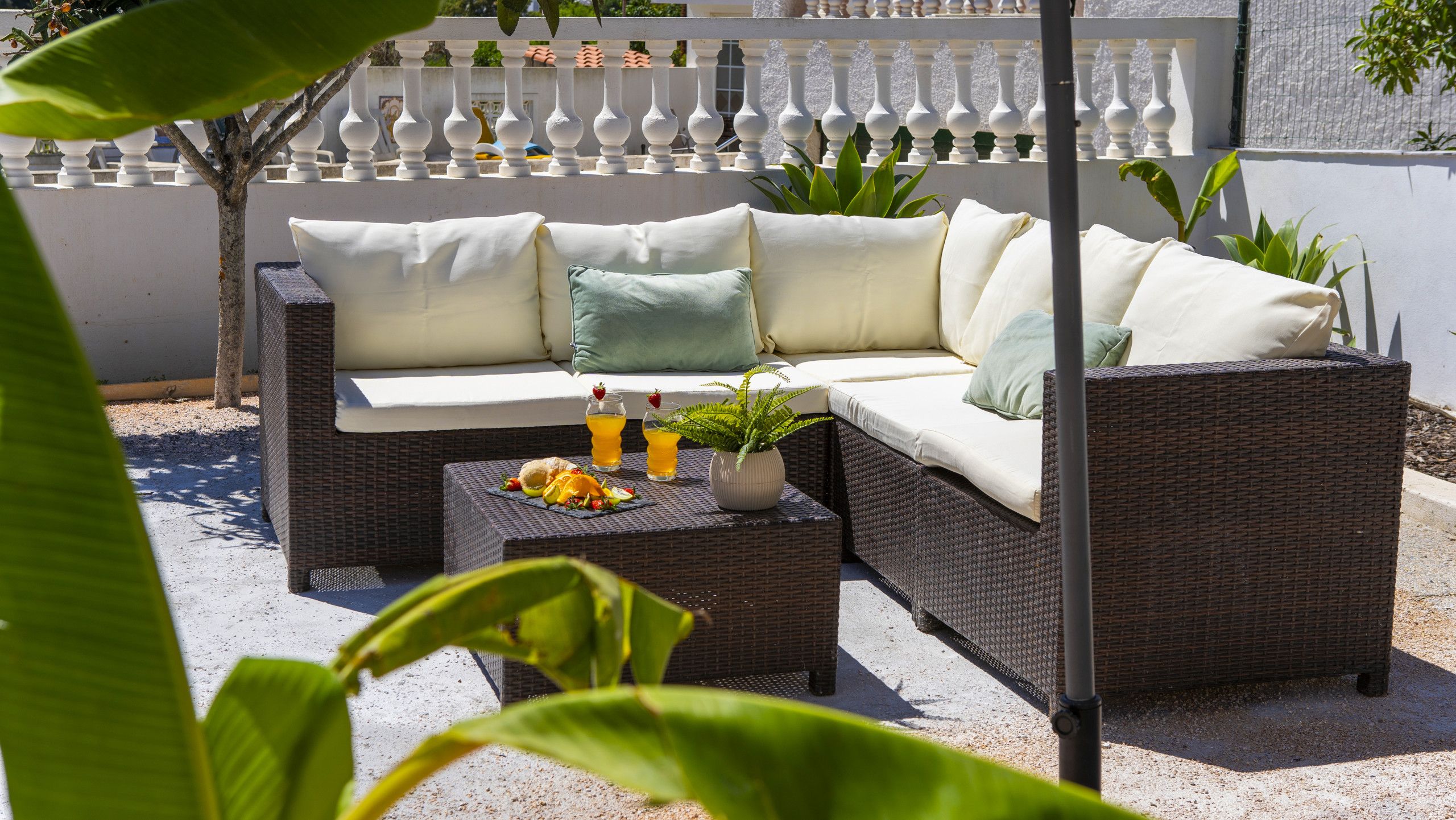 A wicker sofa with cushions, a small table with drinks and fruit, and a potted plant.