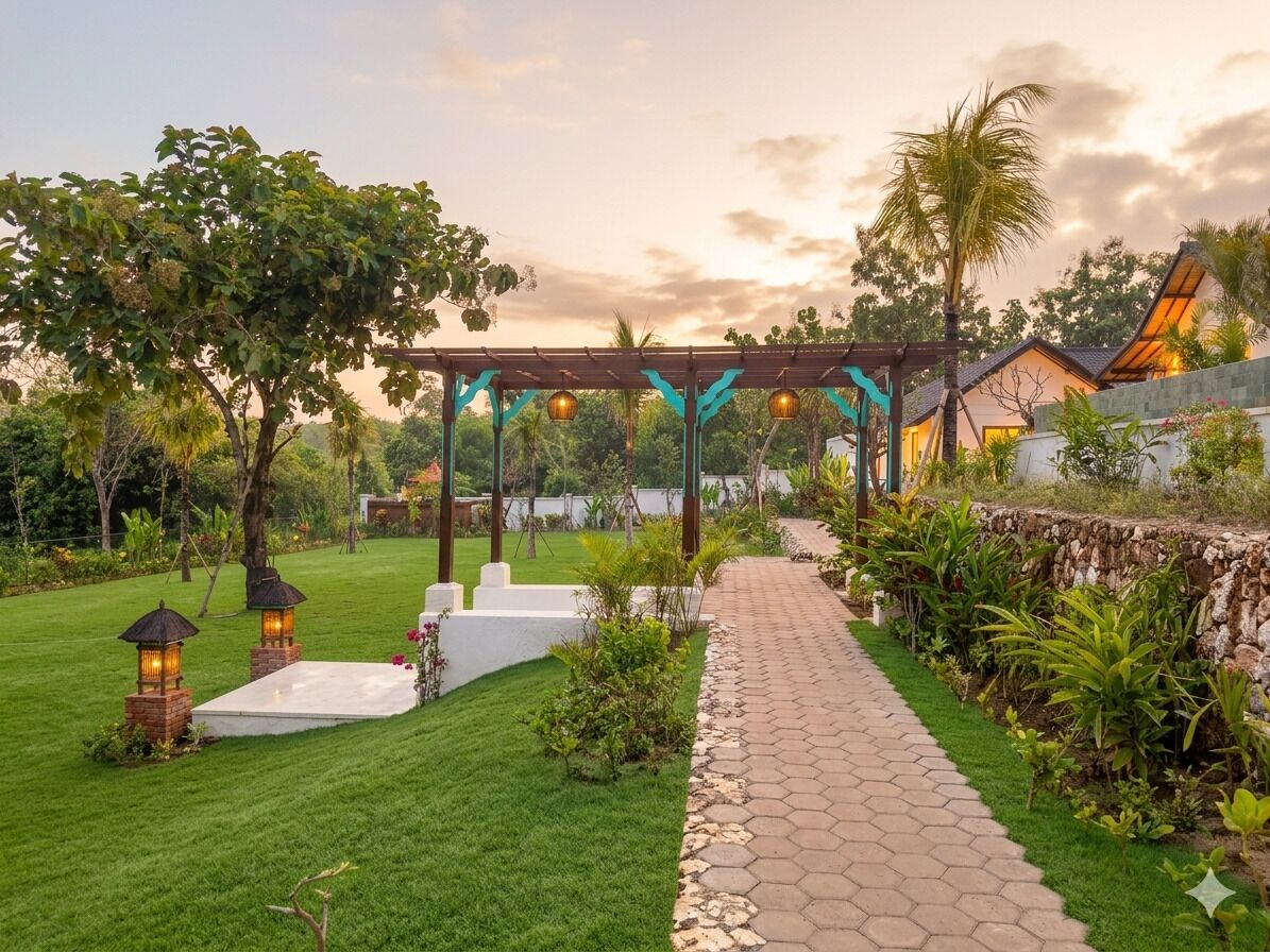 A garden pathway leading to a gazebo with lanterns, surrounded by lush greenery and a stone wall.
