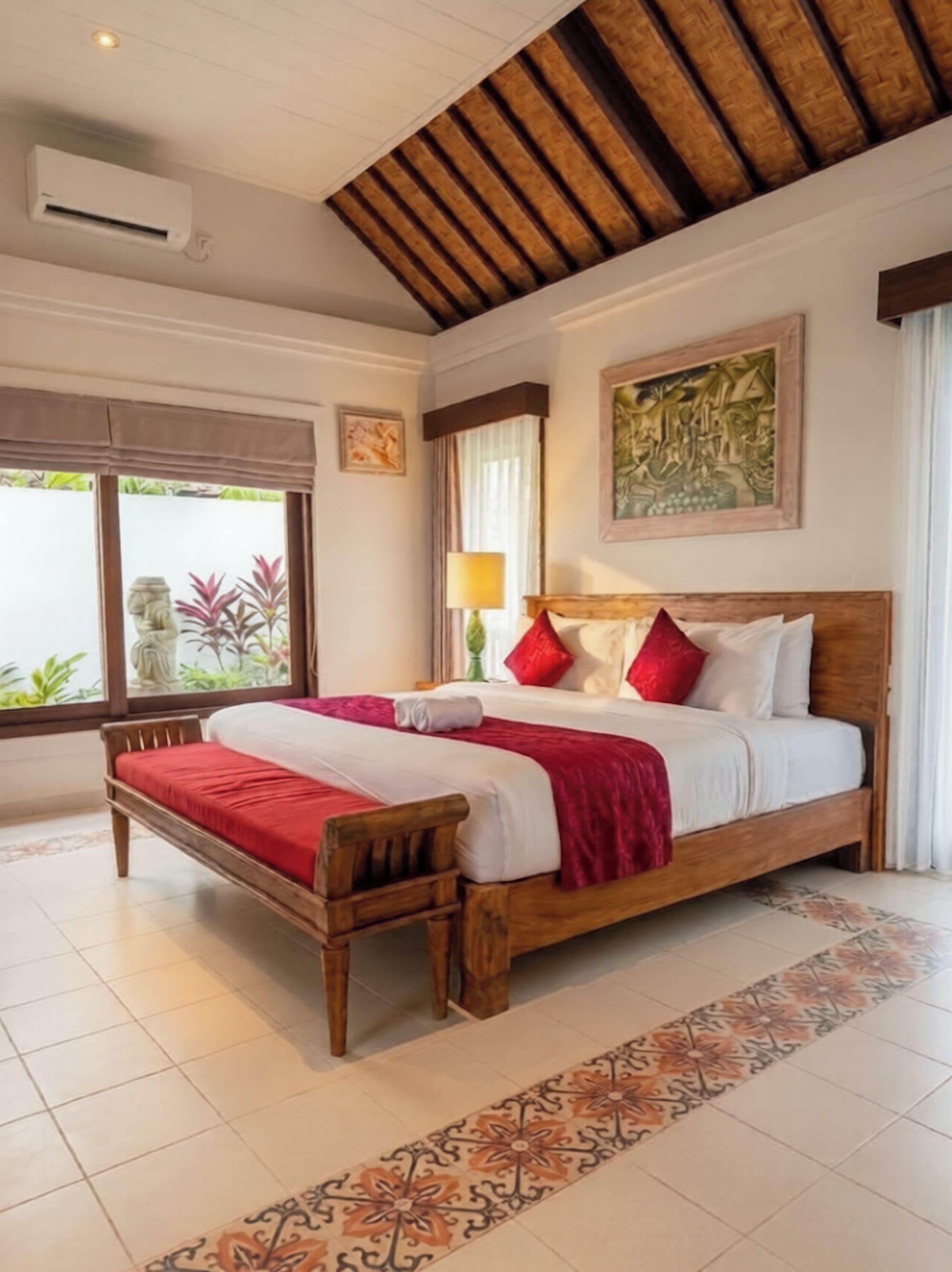 Un dormitorio con cama de madera, colcha roja, alfombra estampada, ventana con vista a follaje y techo con vigas de madera.