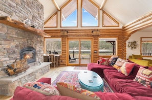 Smart TV, chimenea, libros
