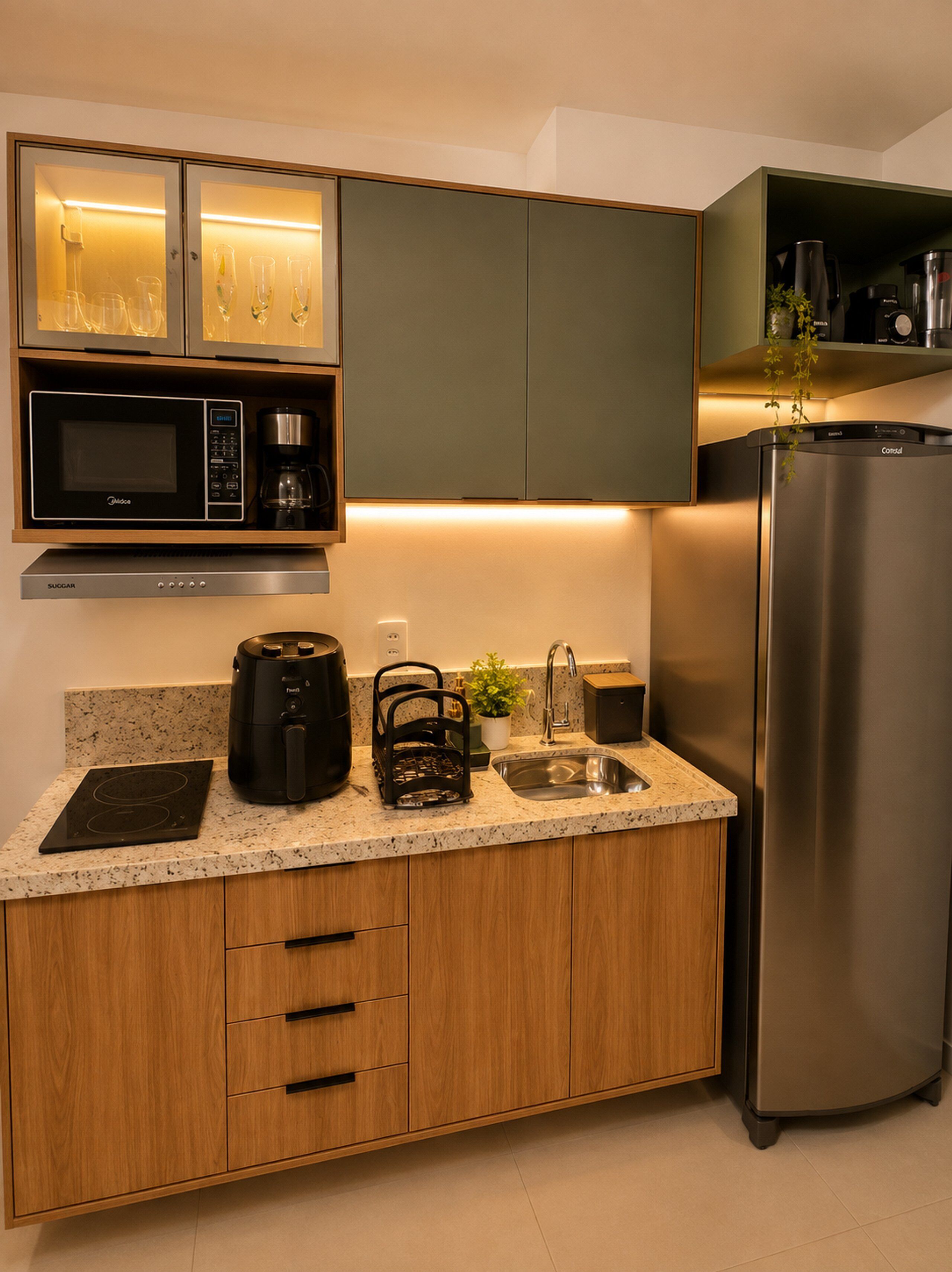 A modern kitchen with a microwave, coffee maker, and stainless steel refrigerator.