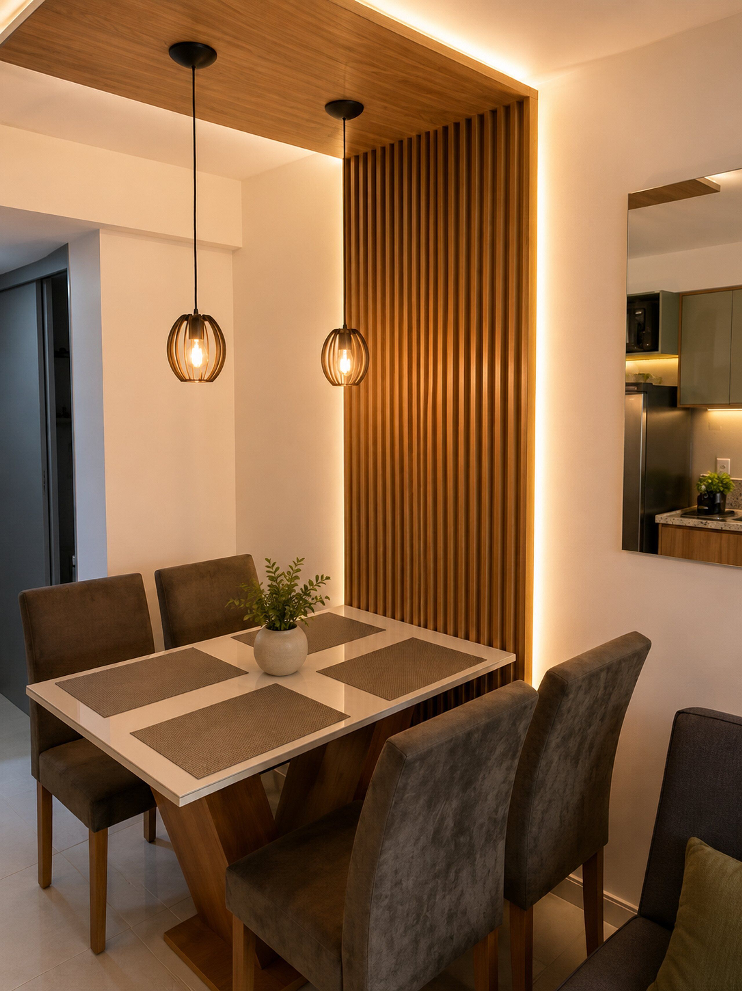 A modern dining area with a wooden table, cushioned chairs, and pendant lighting.