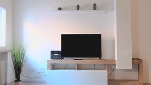 A modern living room with a flat-screen TV on a wooden stand, a potted plant, and a shelf with decorative items. - Segreto Estense: Dormi a un Passo dalla Storia (Ferrara)