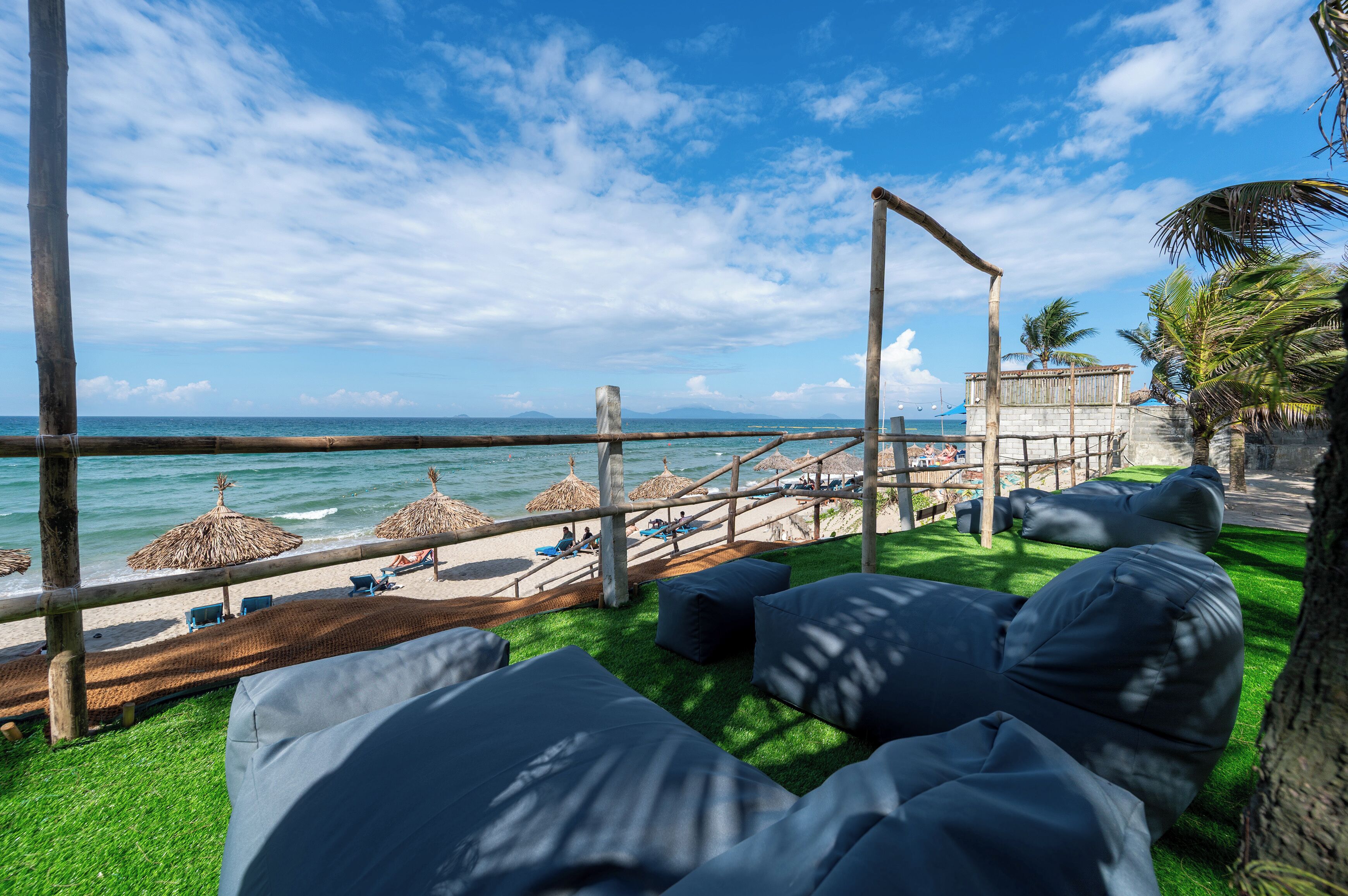 On the beach, white sand, free beach cabanas, sun loungers