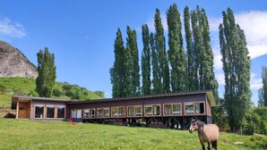 Un edificio con un largo pasillo y un caballo en un campo de hierba.