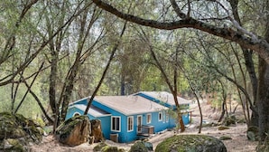 A blue cabin in a forested area with a dirt path leading to it. - Hot Tub-Creekside Yosemite Family Oasis - 5 min to Town-Foosball, Pets Welcome (Mariposa)