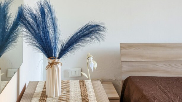 A bedroom with a bed, a bedside table with a vase of blue feathers, a mirror, and a wall socket. - Clale House in Marina di Pescoluse (Marina di Pescoluse)