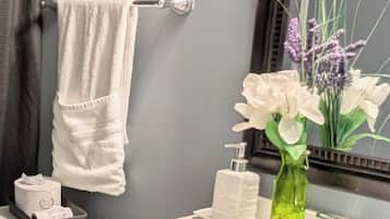 Hair dryer, towels, soap, toilet paper