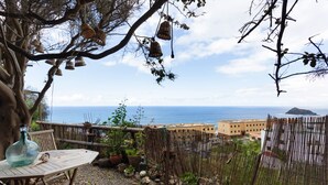 A rustic outdoor seating area with a table and chairs, surrounded by potted plants and a bamboo fence overlooking a coastal view. - Vacation Home 'Casa Afrikika' with Sea View, Private Terrace and Wi-Fi (Las Cruces)