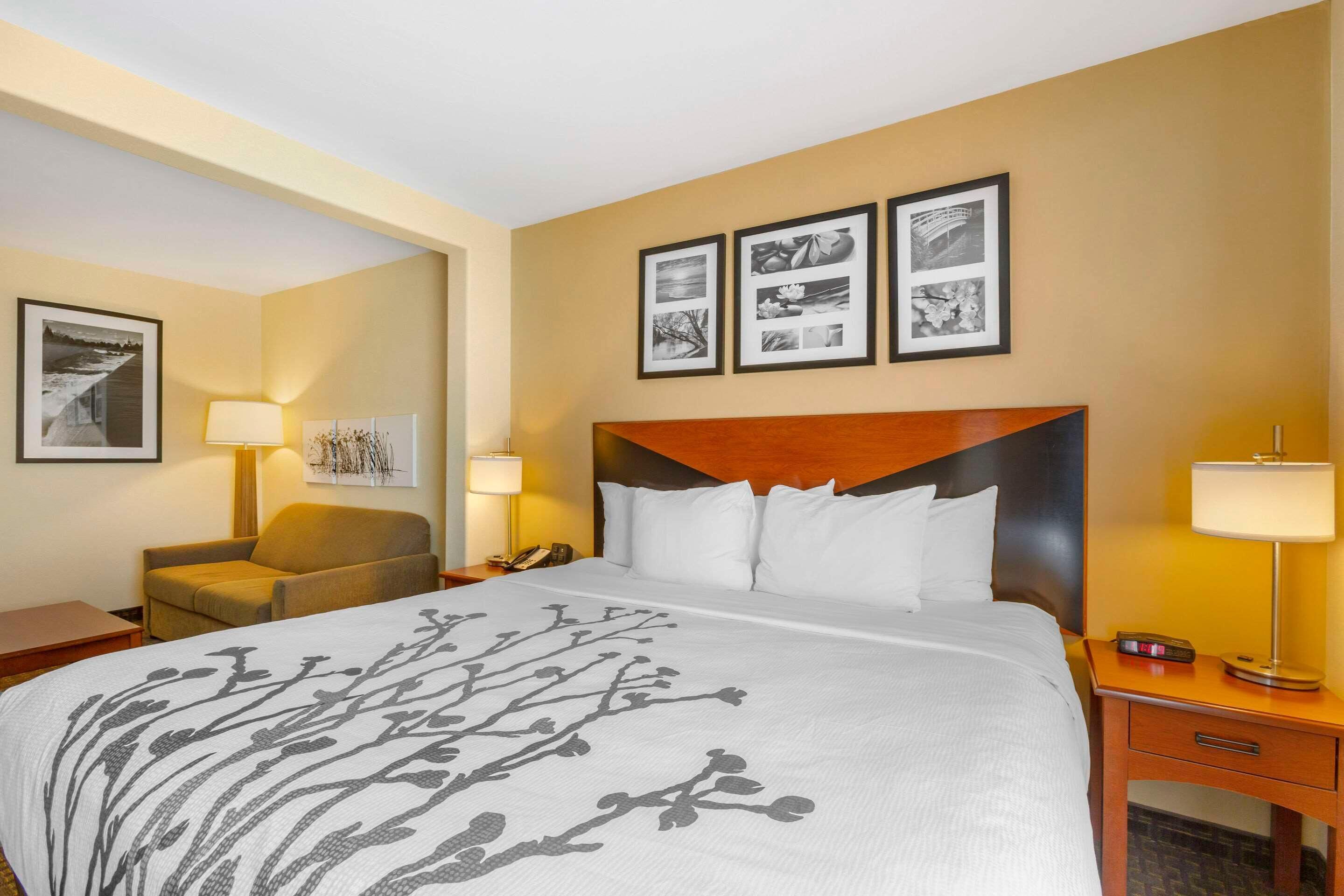 A hotel room with a large bed, a wooden headboard, a desk with a lamp, a chair, and framed pictures on the wall.