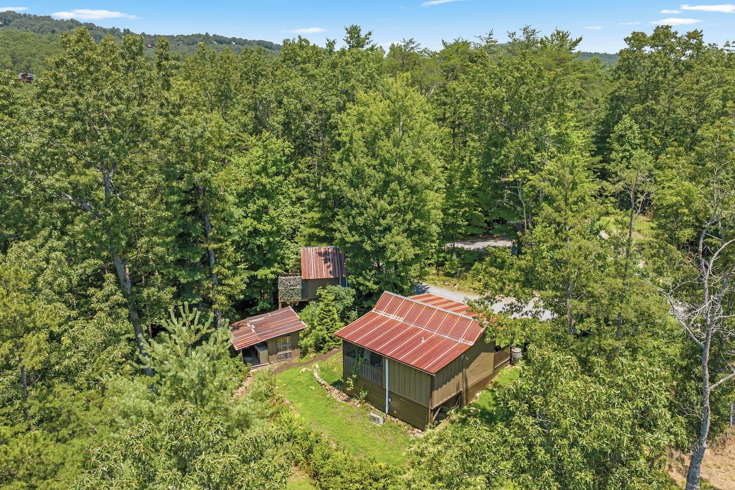 A cabin surrounded by dense forest, with a metal roof and a small porch.