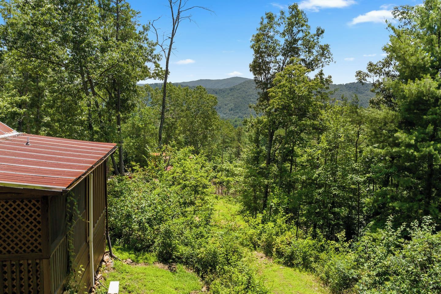 A rustic cabin with a metal roof, surrounded by dense forest and hills in the background.