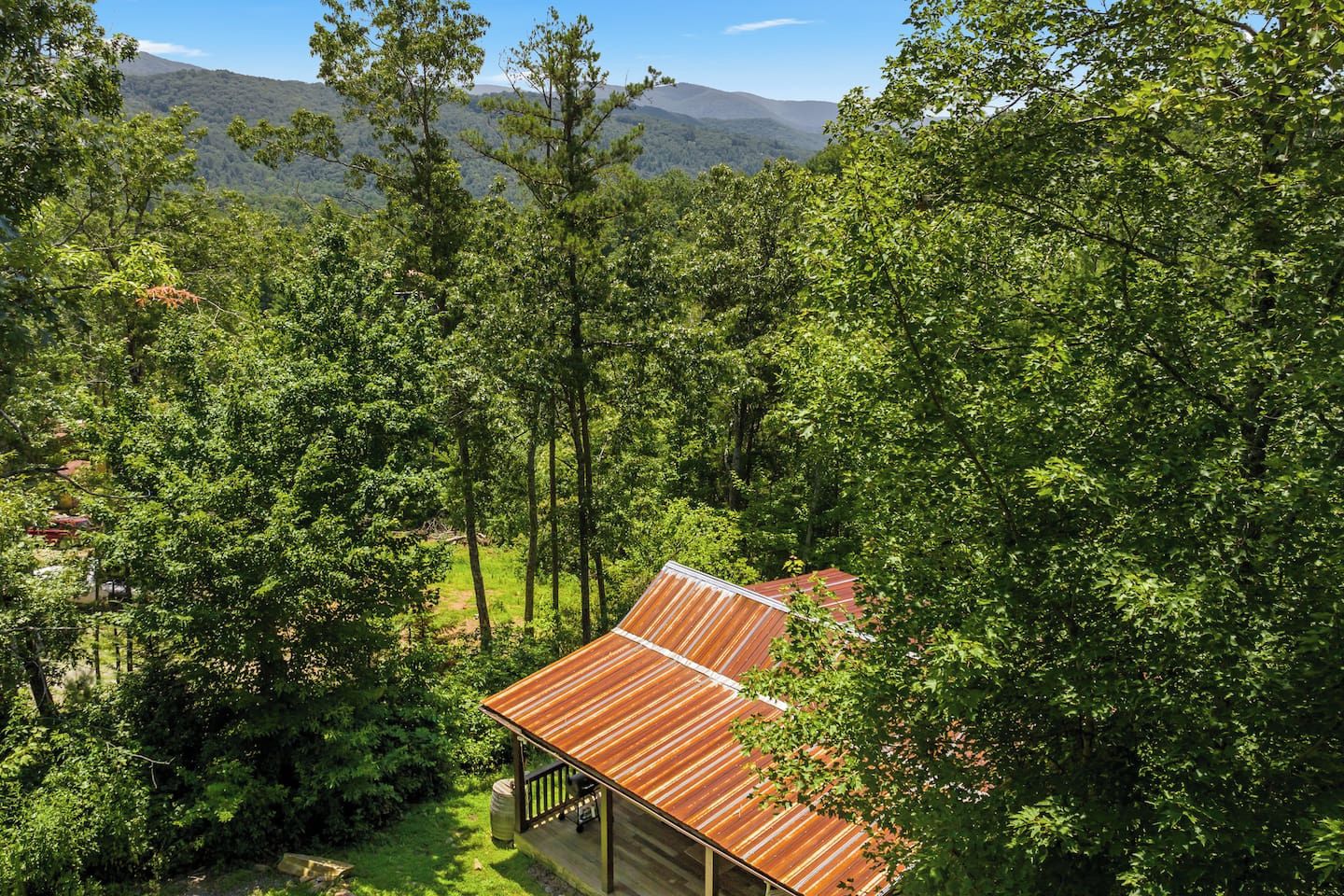 Una cabaña con techo de metal rodeada de un bosque denso y montañas al fondo.