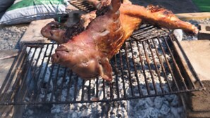A grill with a roasted chicken and a person grilling outdoors.