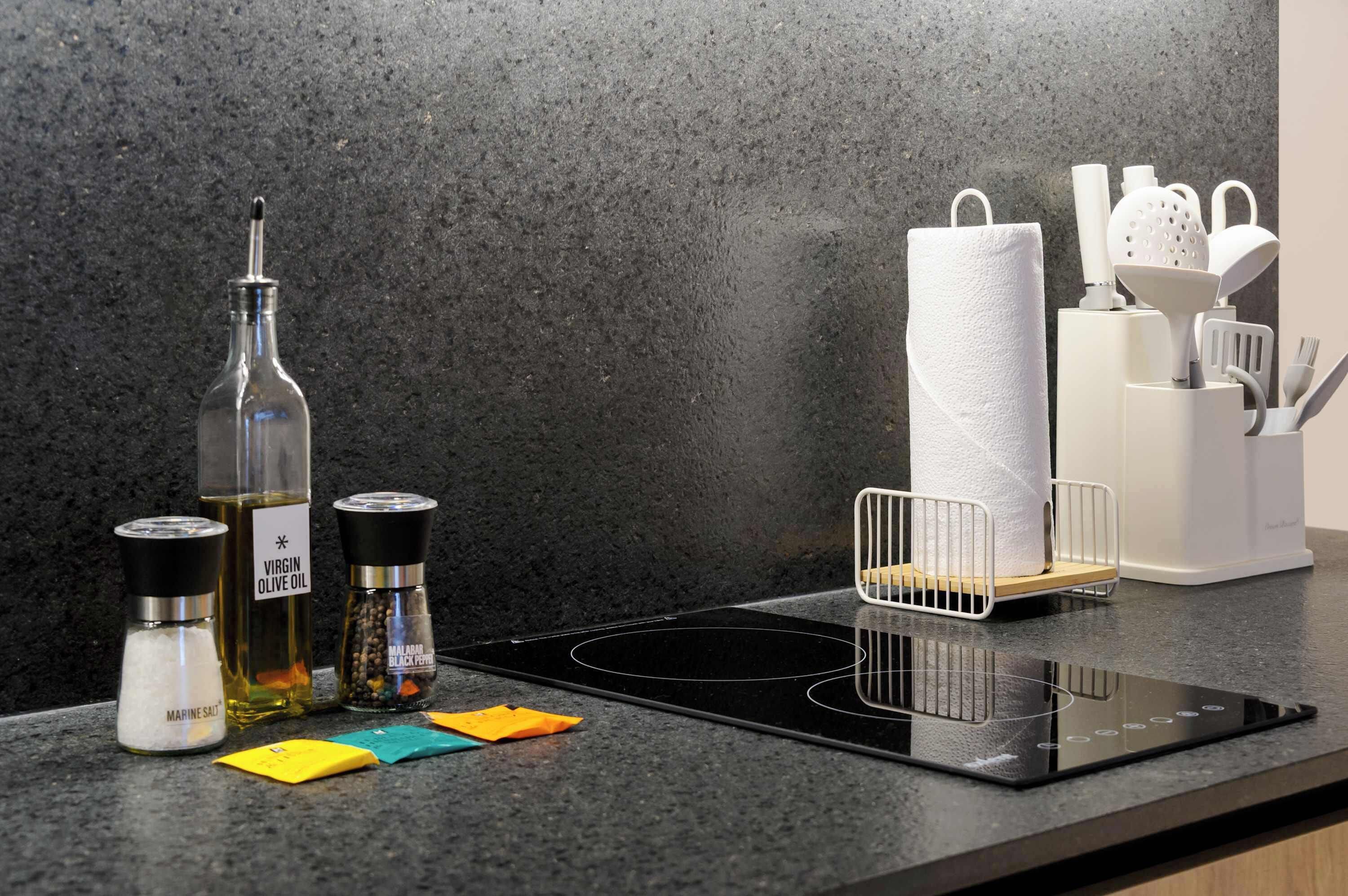 Microwave, stovetop, coffee/tea maker, electric kettle