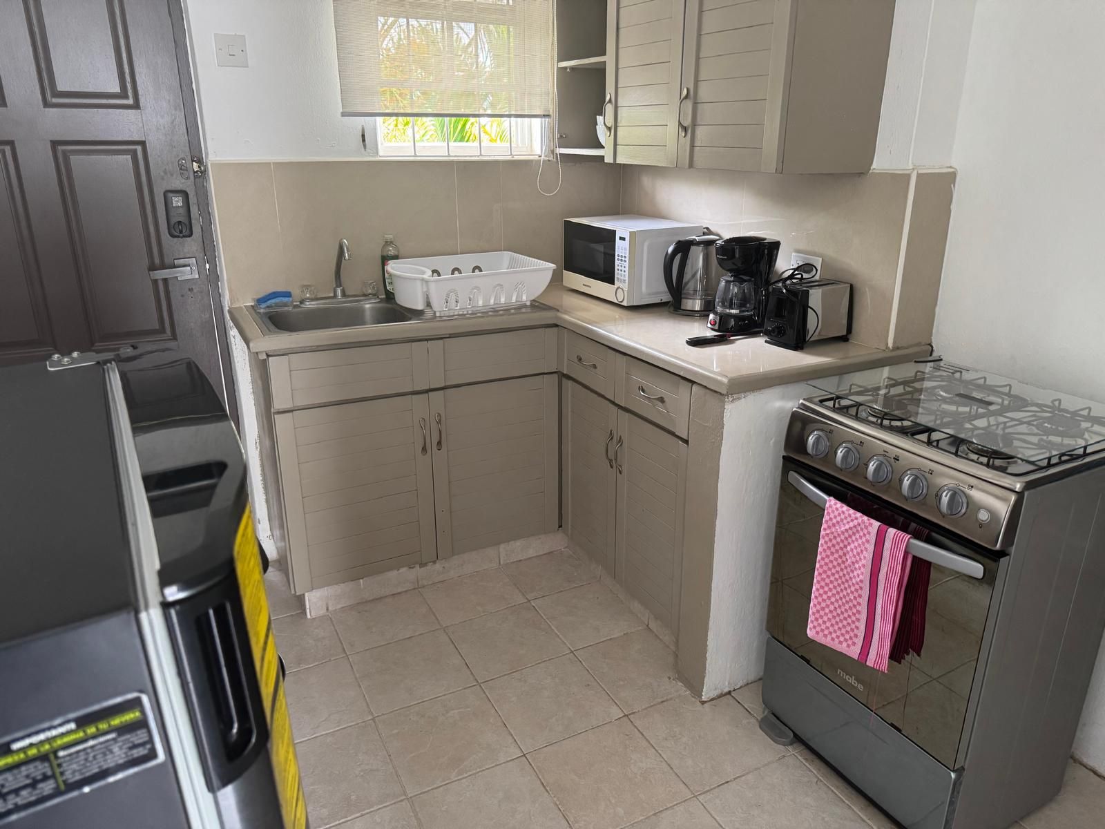 A compact kitchen with a gas stove, microwave, sink, and a small window.