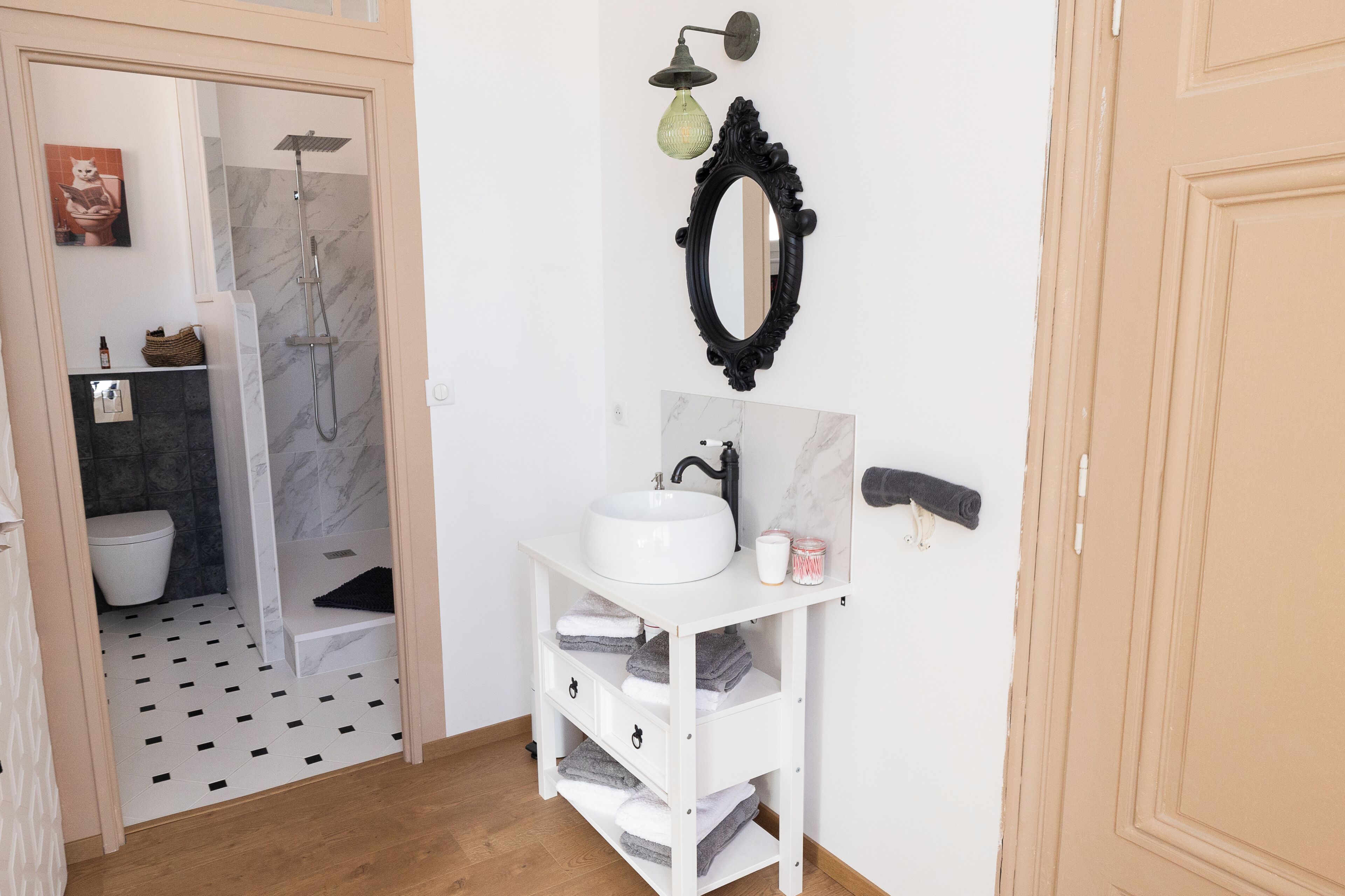Hair dryer, towels, soap, toilet paper