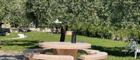 A circular stone picnic table with benches in a park with trees and a stone wall in the background.