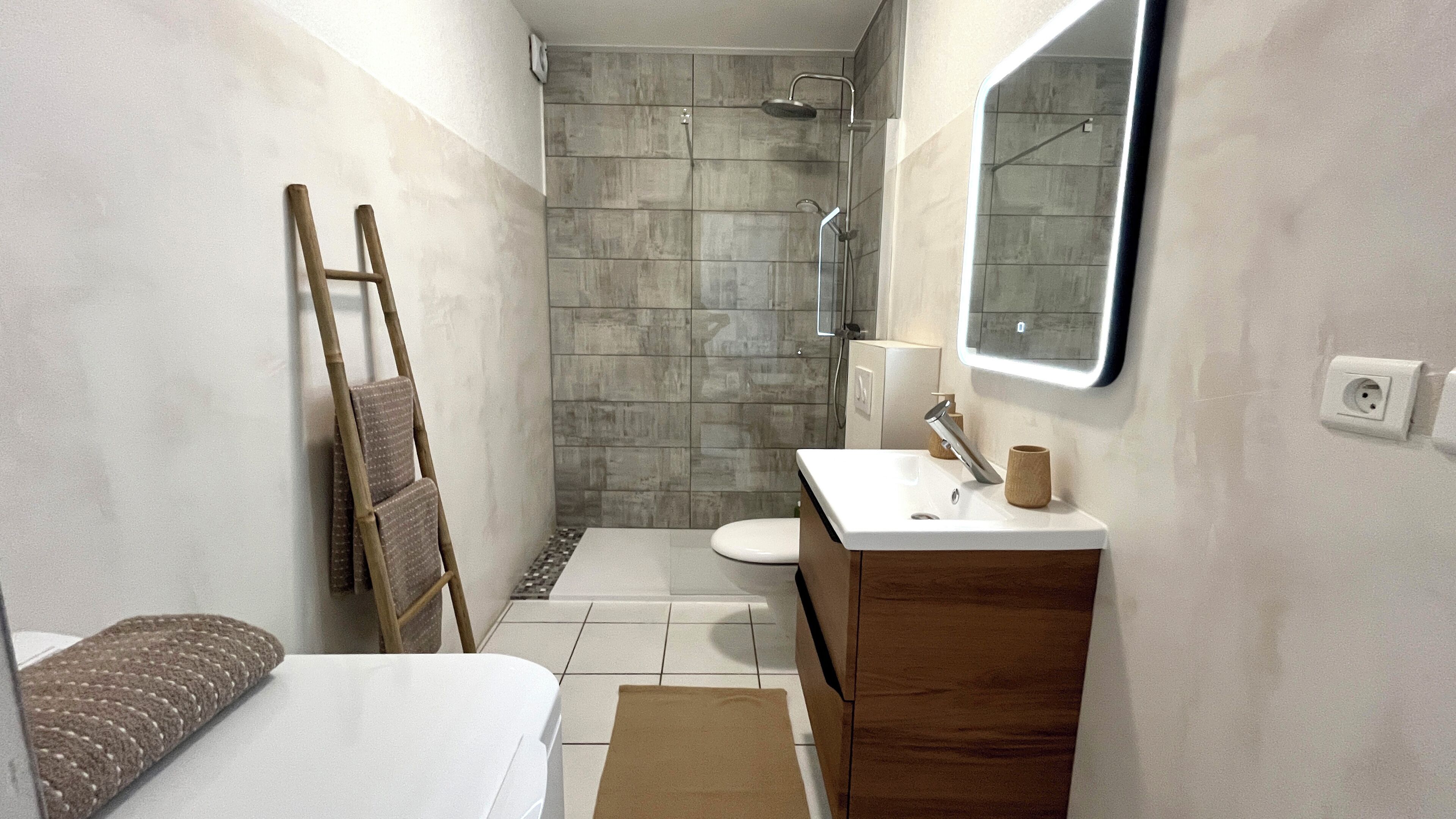 Shower, hair dryer, towels, toilet paper