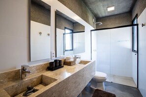 Shower, hair dryer, shampoo