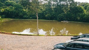 A paved area with a pond, surrounded by greenery and parked cars.