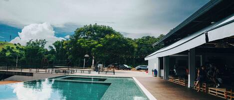 Outdoor pool, open 8:00 AM to 8:00 PM, sun loungers