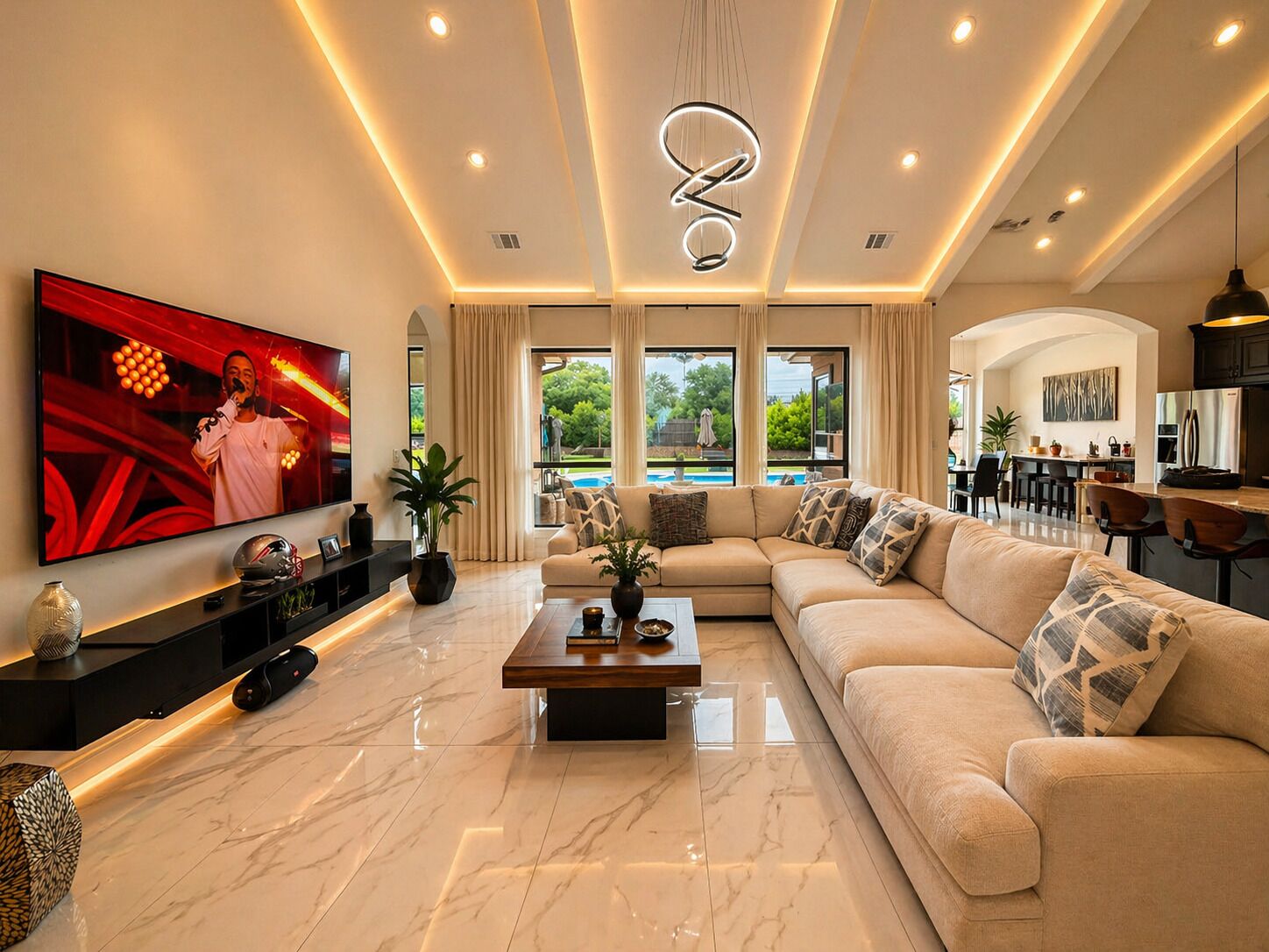 Smart TV, fireplace, video games, DVD player