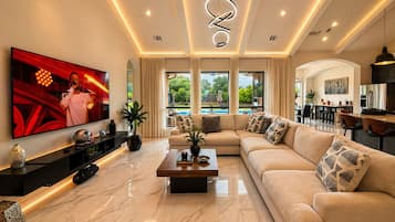 Smart TV, fireplace, video games, DVD player