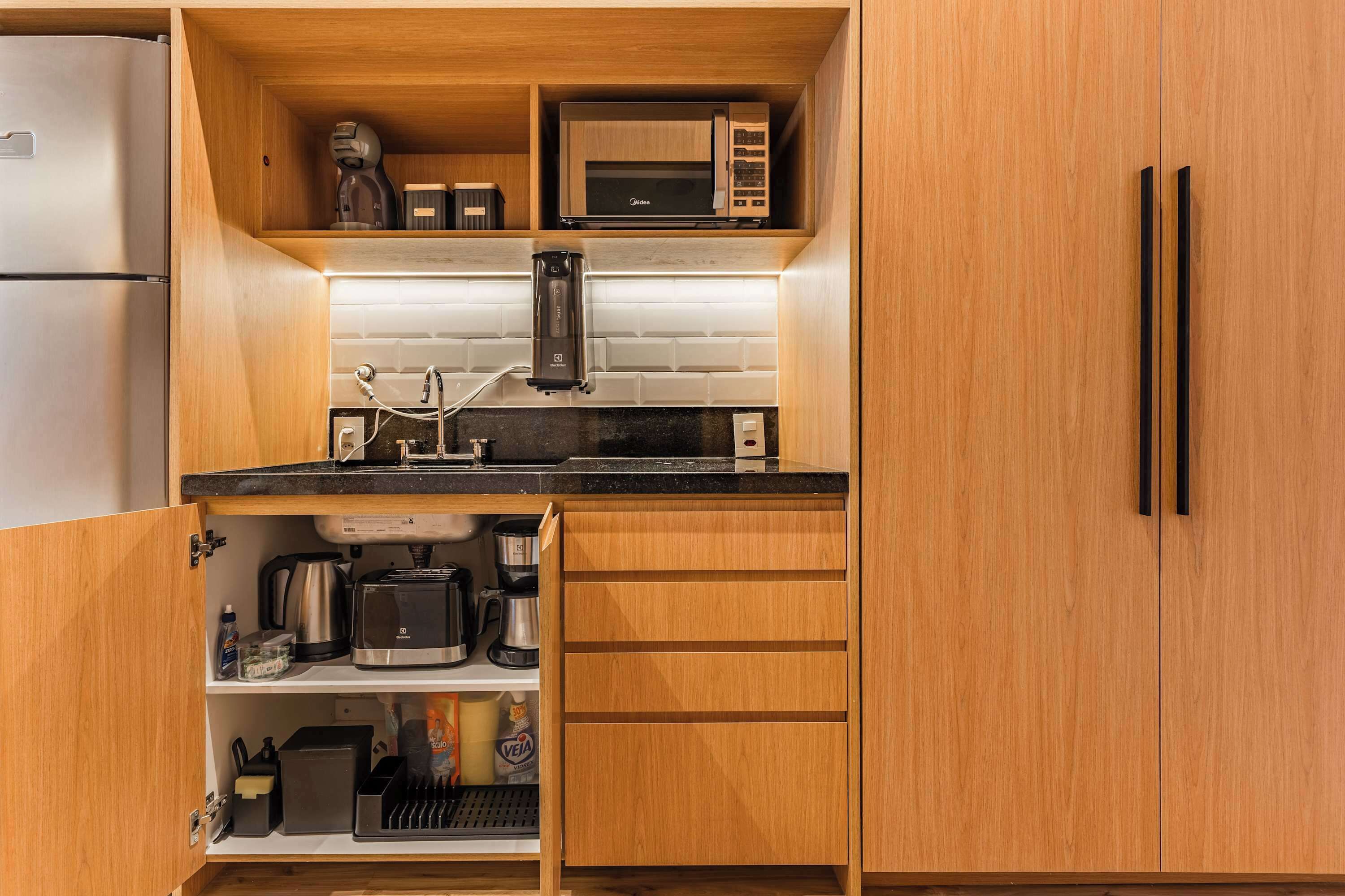 Fridge, microwave, coffee/tea maker, toaster