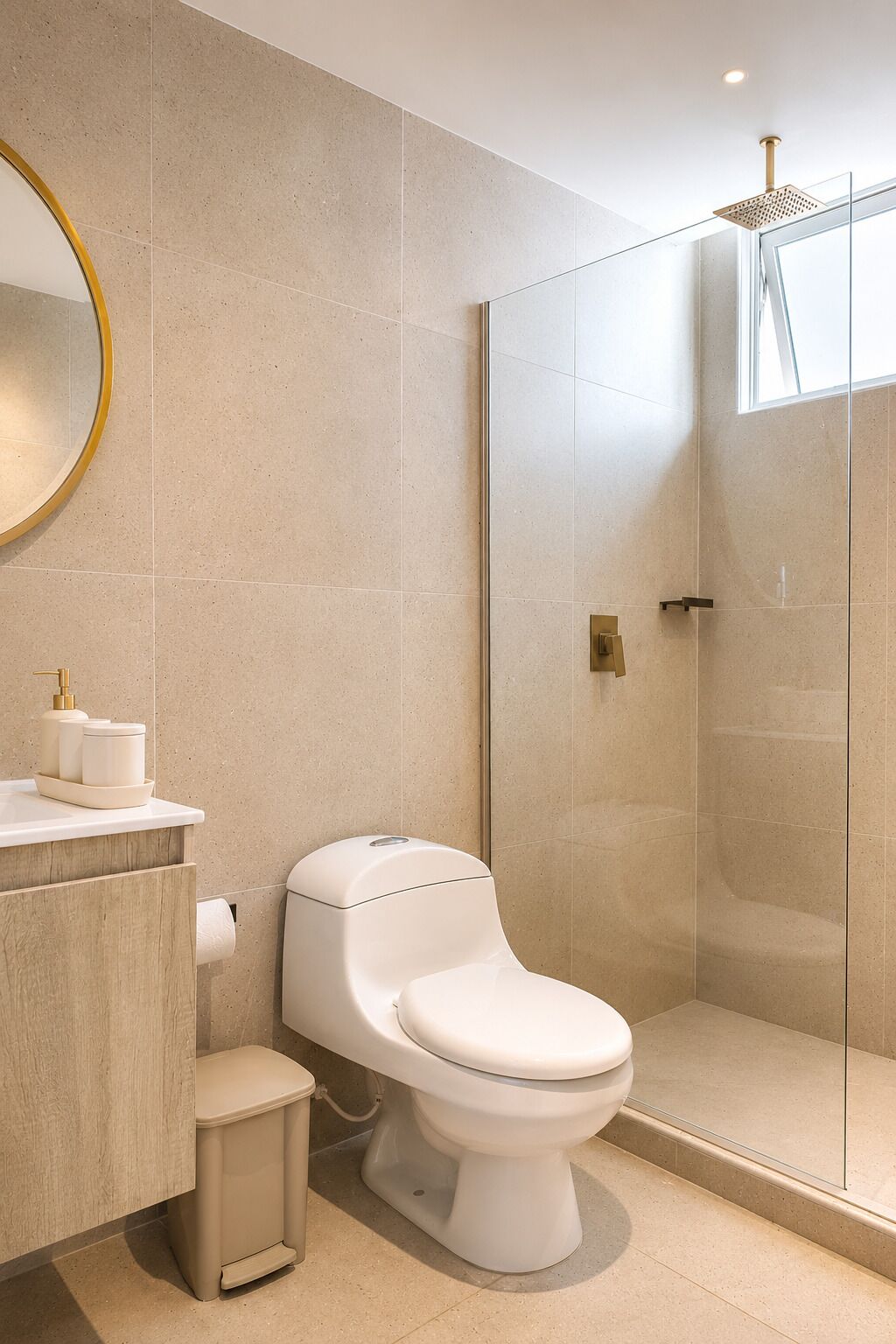A modern bathroom with a toilet, sink, and shower.