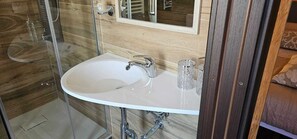 Shower, jetted tub, hair dryer, bidet