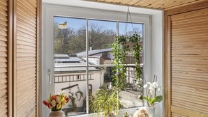 A window with a view of a garden, a hanging plant, and a vase with flowers.