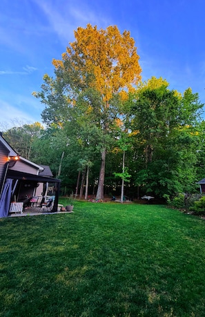 A house with a covered porch, a lawn, and trees with autumn leaves.