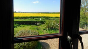 A window view of a field with a hedge and a gate. - Beechwood Cottage, Alby -  a quaint, rural cottage that sleeps 2 guests  in 1 bedroom (Alby)
