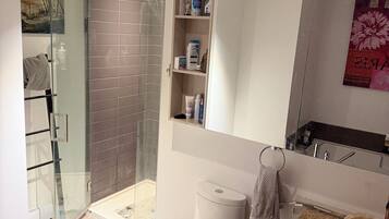 Hair dryer, bidet, towels, soap