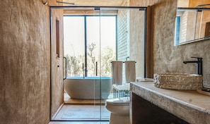 Un baño moderno con puerta de vidrio, una bañera independiente, un lavamanos de piedra y un espejo grande.