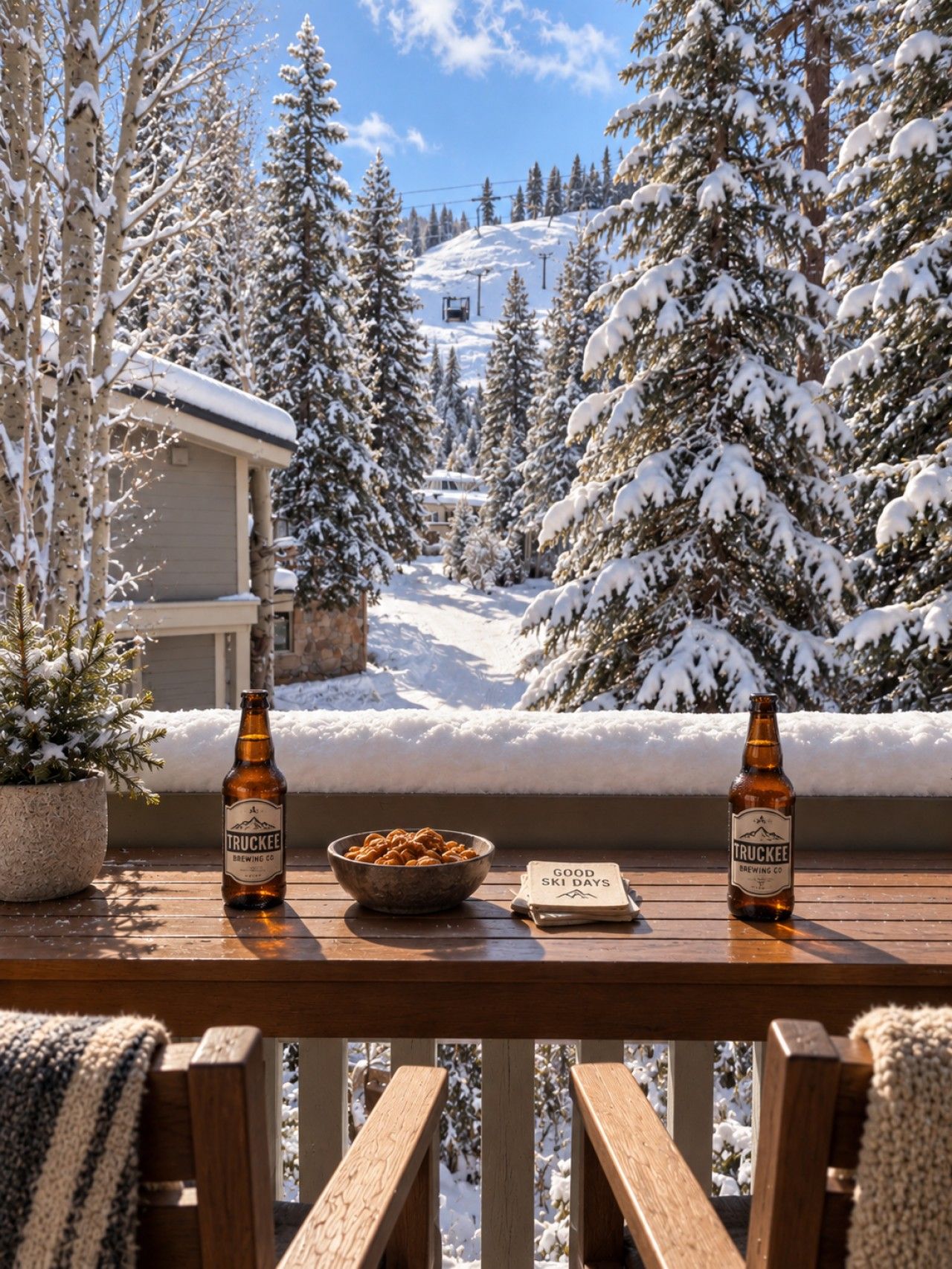 A wooden deck with two bottles of beer, a bowl of snacks, and a menu on a sunny day with snow-covered trees and a ski lift in the background.