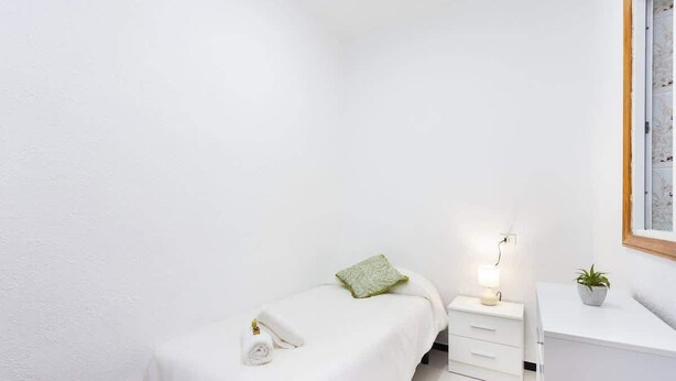 A small, clean room with a single bed, a bedside table with a lamp, and a small potted plant. - Apartamento Campo Rosa Tacoronte (Tacoronte)