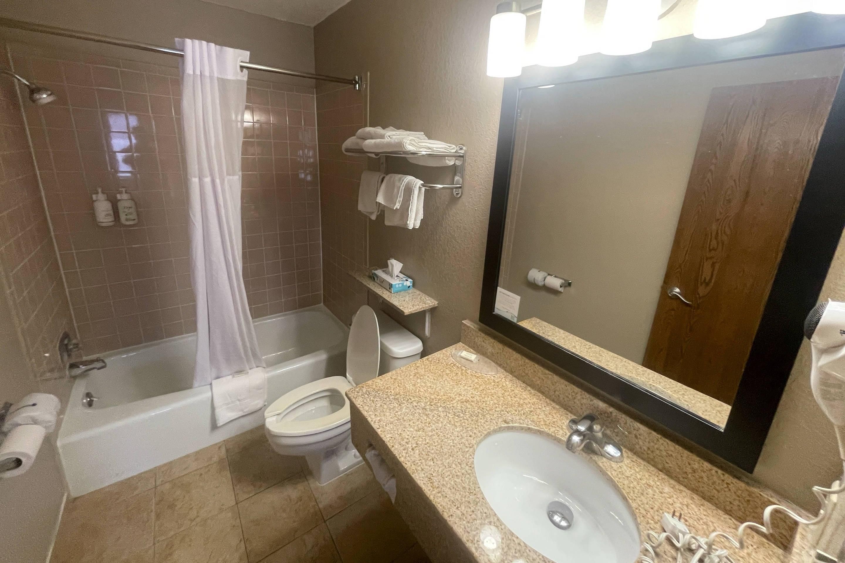 A bathroom with a bathtub, toilet, sink, and a large mirror.