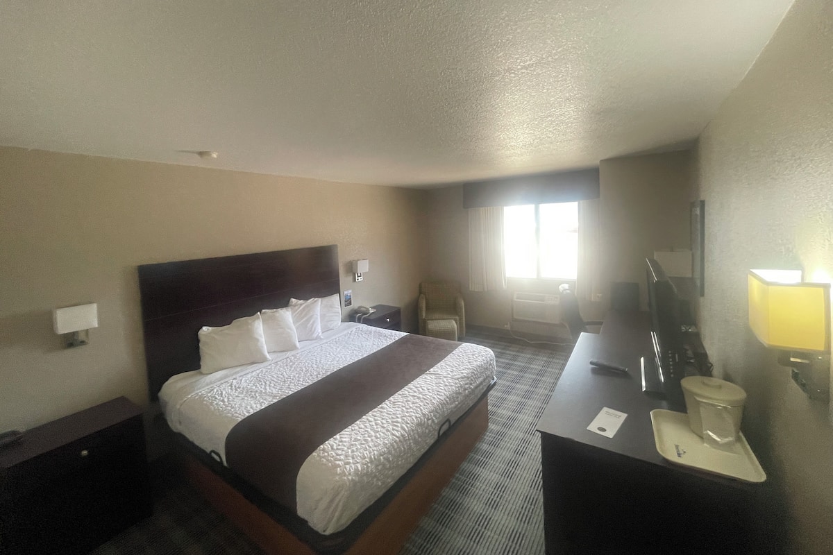 Una habitación de hotel con cama, escritorio, silla, televisor y ventana.