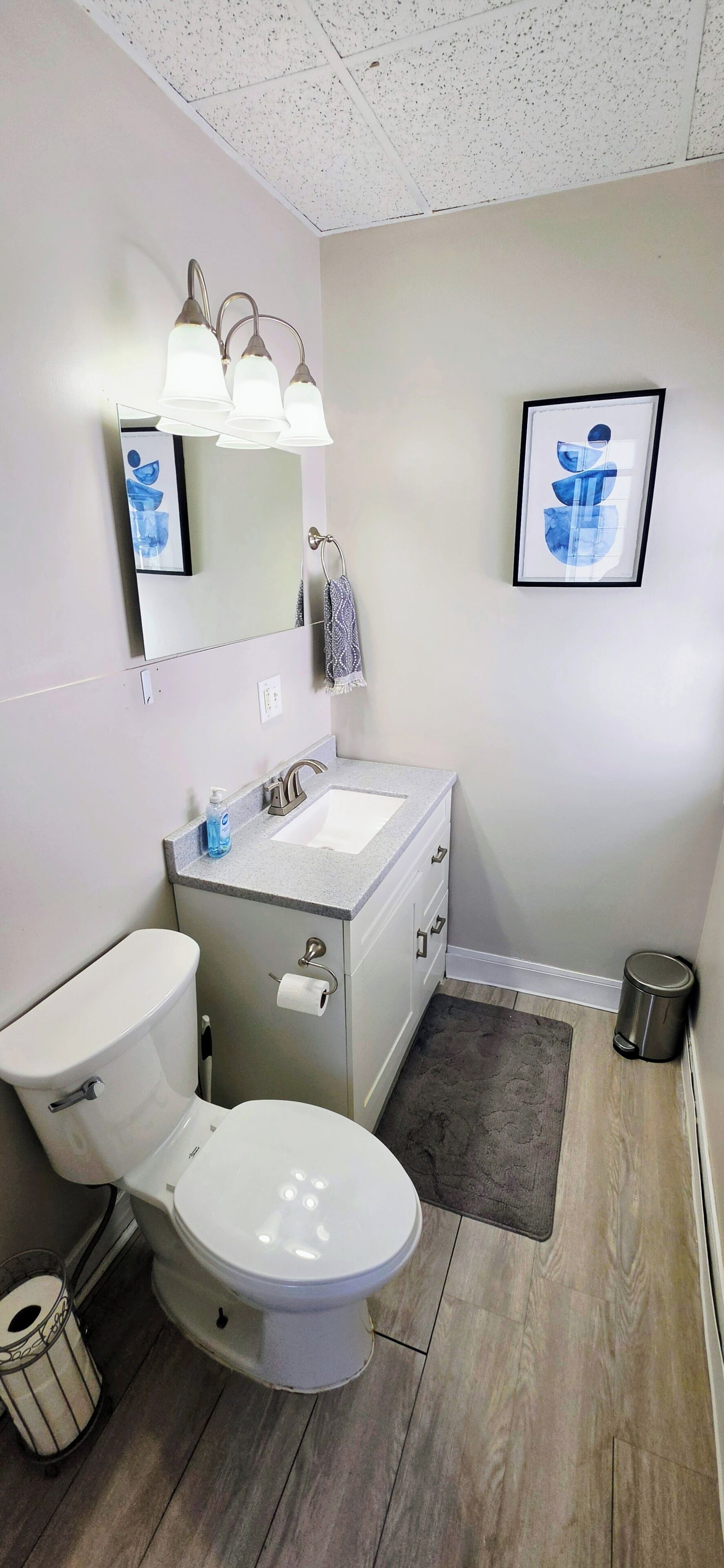 Een badkamer met toilet, wastafel, spiegel en een lijst met kunstwerk aan de muur.