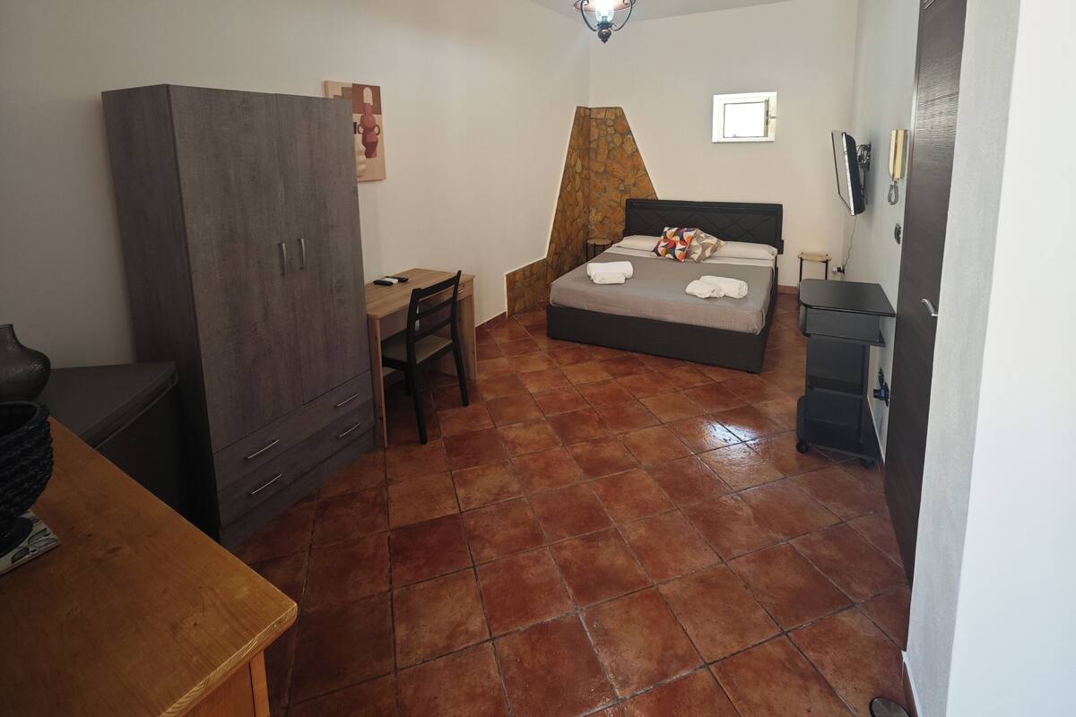 A bedroom with a bed, a desk, a wardrobe, a TV, and a bathroom.