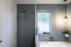 Hair dryer, towels, shampoo
