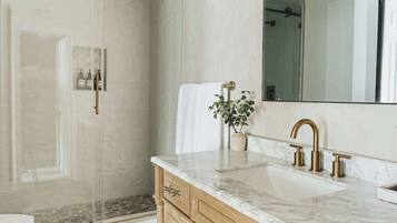 Shower, hair dryer, towels, shampoo