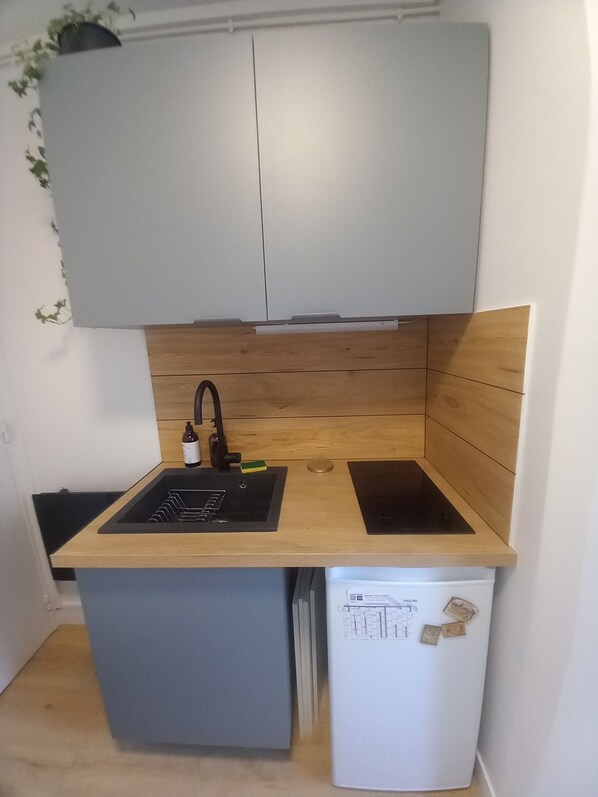 Eine kompakte Küche mit Spüle, Geschirrspüler und Holzschränken.