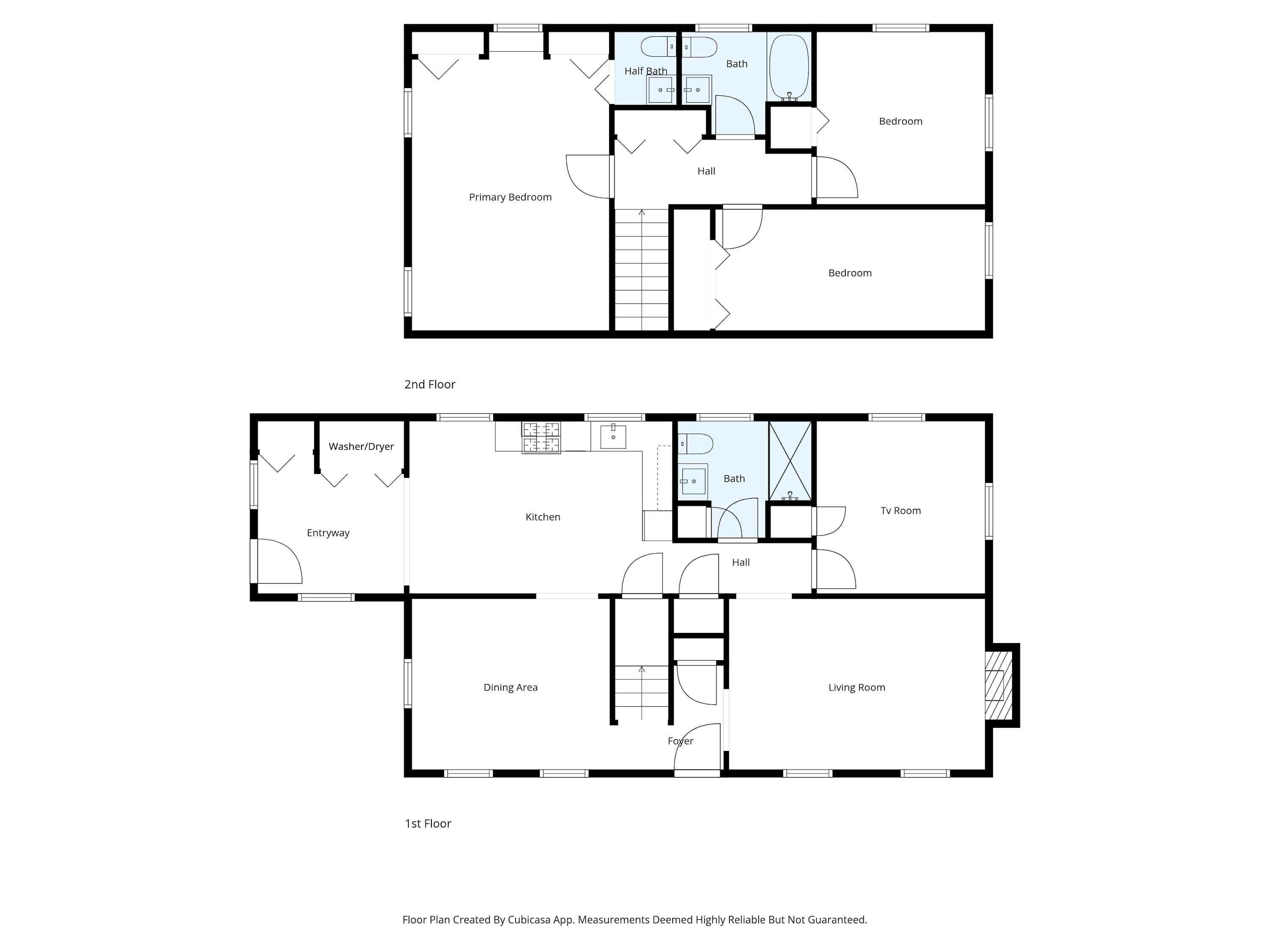 Ein Grundriss mit Hauptschlafzimmer, Gästezimmer, Gäste-WC, Badezimmer, Flur, Küche, Essbereich, Wohnzimmer und Eingangsbereich.