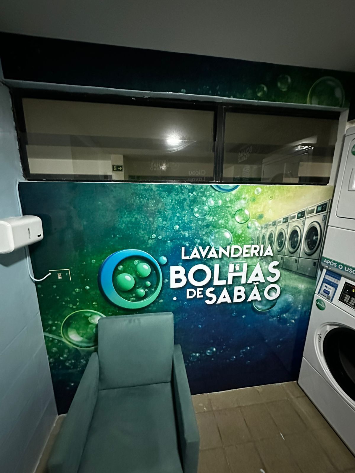 Une buanderie avec une fresque murale, un lave-linge et un sèche-linge.