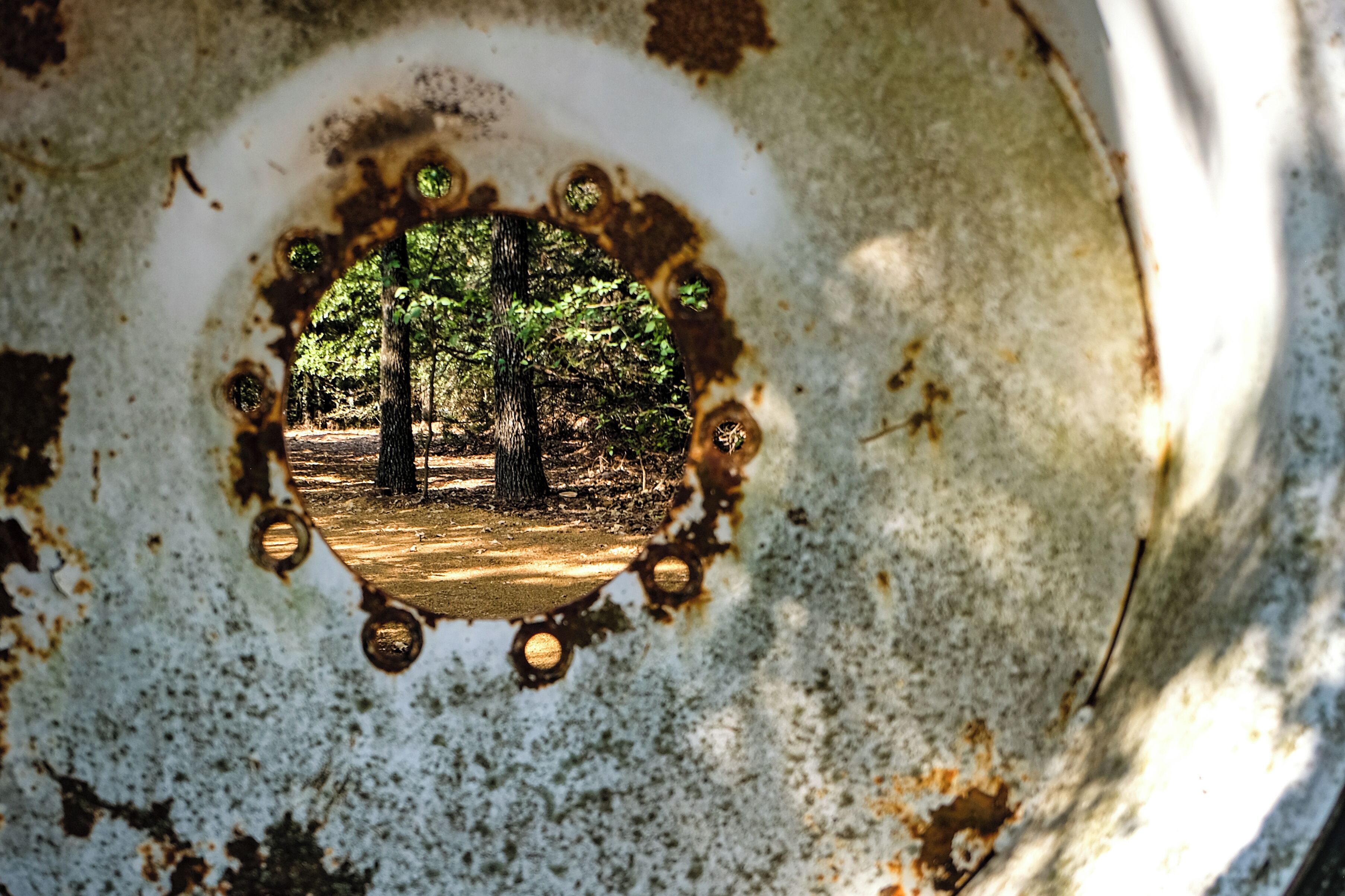 A close-up of a rusty metal surface with a circular hole revealing a forest scene.