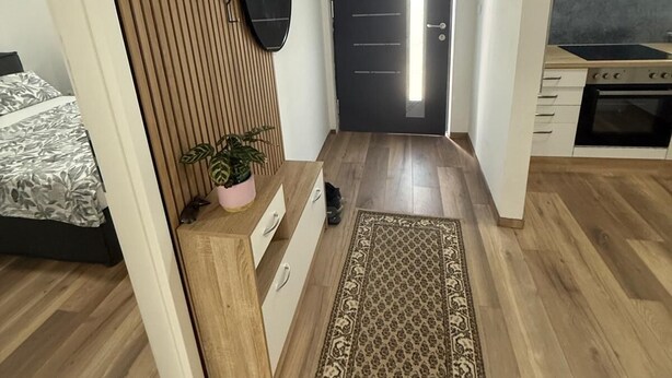 Quarto com cama, cabeceira de madeira, espelho, planta em vaso, tapete e área de cozinha com fogão.